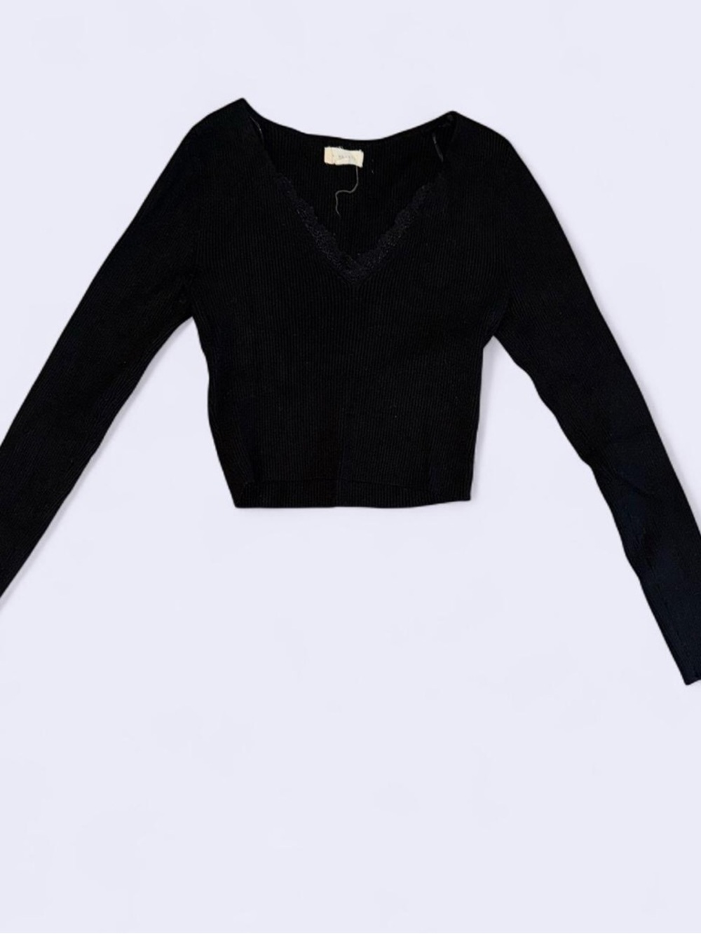 A. Hearts Black Ribbed Lace Trim Cropped Sweater Top